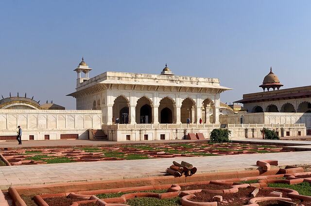 Marble pavilion and garden court inside Agra Fort
